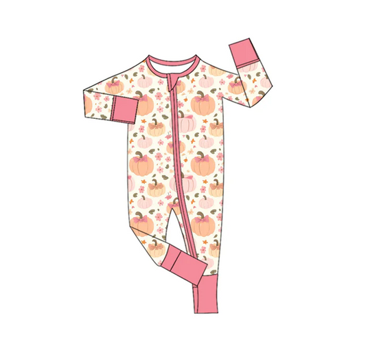 9.4 Preorder moq 5 Baby Infant Girls Pink Long Sleeves Flowers Pumpkins Plaid Zipper Romper