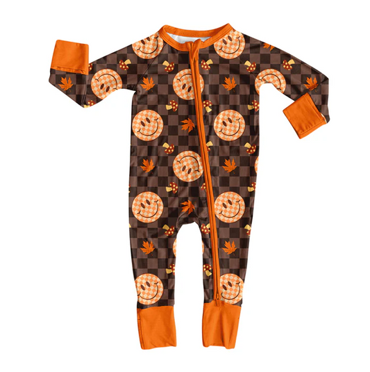 9.4 Preorder moq 5 Baby Infant Boys Long Sleeves Brown Plaid Leaves Smiles Zipper Romper