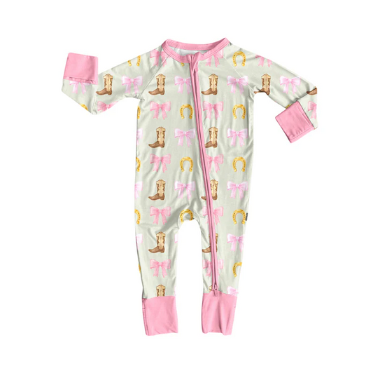 9.4 Preorder (moq 5)Baby Girls Long Sleeves Pink Bows Boots Horse Shoes Zipper Romper