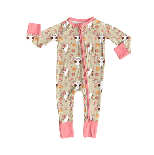 9.4  Preorder (moq 5)Baby Girls Pink Long Sleeves Flowers Bull Skull Plaid Zipper Romper