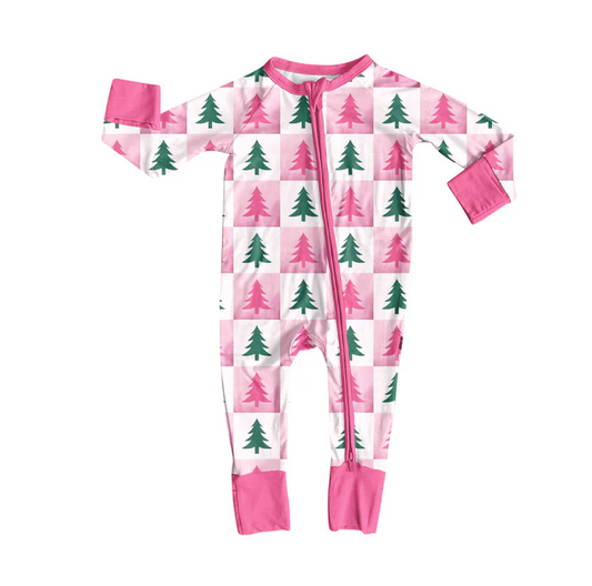 9.4 Preorder (moq 5)Baby Girls Long Sleeves Pink Green Trees Plaid Zipper Romper