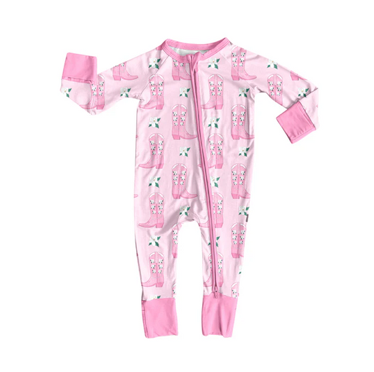 9.4 Preorder (moq 5)Baby Girls Long Sleeves Pink Flowers Boots Plaid Zipper Romper