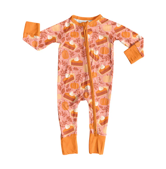9.4 Preorder (moq 5)Baby Girls Long Sleeves Peach Pie Pumpkins Plaid Zipper Romper