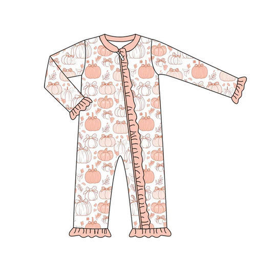 9.4 Preorder (moq 5)Baby Girls Pink Long Sleeves Flower Pumpkins Ruffle Zipper Romper