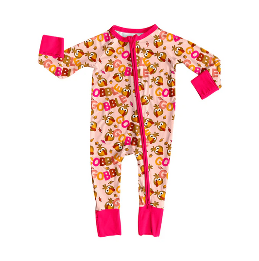 9.4 Preorder (moq 5)Baby Girls Pink Long Sleeves Turkey Gobble Plaid Zipper Romper