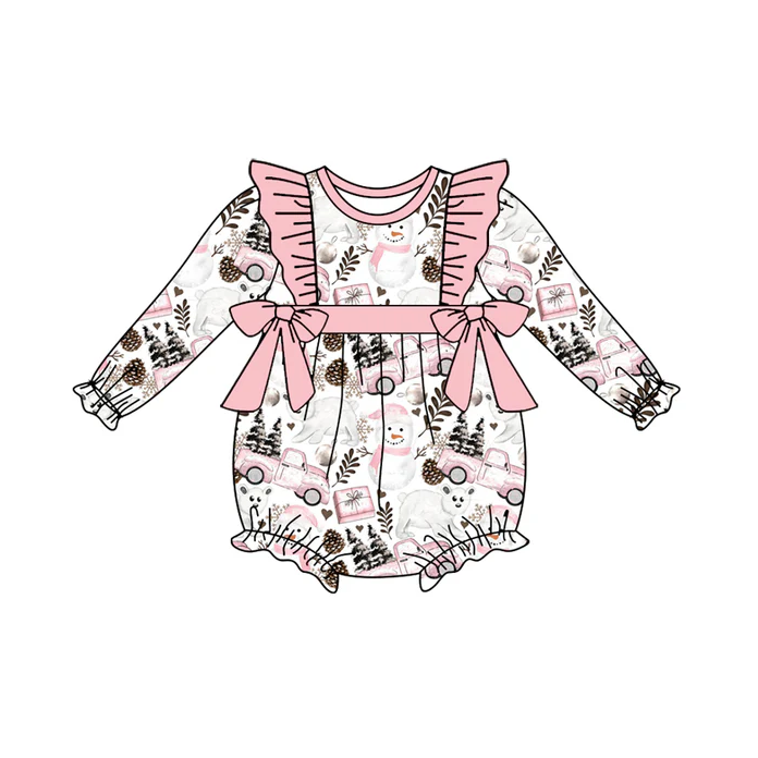 9.4 Preorder (moq 5)Baby Girls Long Sleeves Snowman Trees Trucks Bows Ruffle Romper