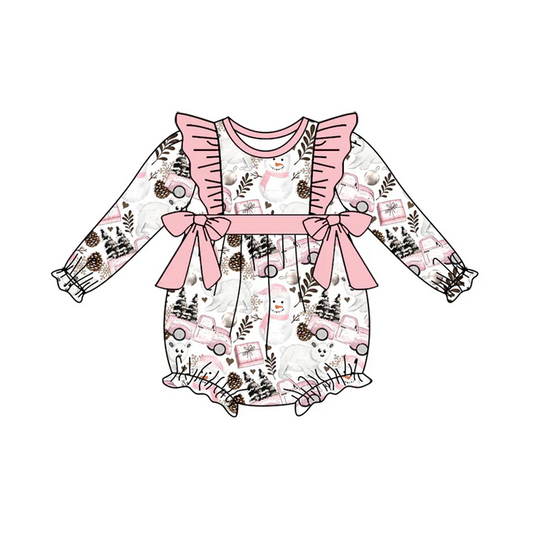 9.4 Preorder (moq 5)Baby Girls Long Sleeves Snowman Trees Trucks Bows Ruffle Romper