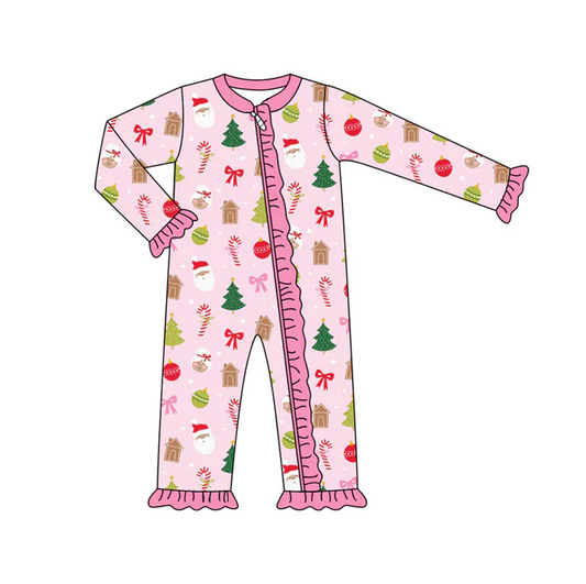9.4 Preorder (moq 5)Baby Girls Long Sleeves Santa Houses Gingerbread Ruffle Zipper Romper