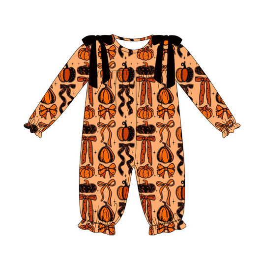 9.4 Preorder (moq 5)Baby Girls Long Sleeves Pumpkins Bows Plaid Ruffle Pant Romper