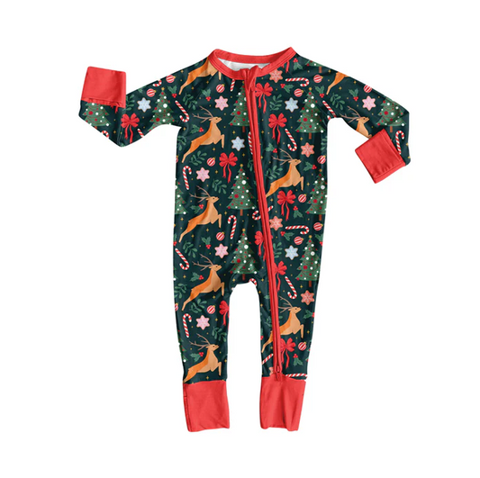 9.4 Preorder (moq 5)Baby Girls Long Sleeves Deer Candy Cane Trees Zipper Romper