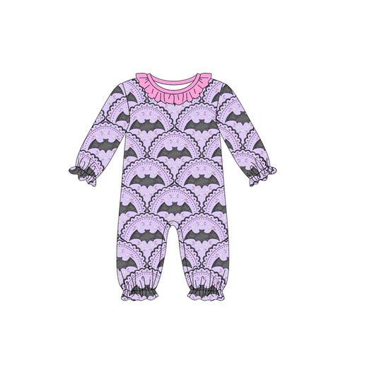 9.4 Preorder (moq 5)Baby Girls Long Sleeves Lavender Bats Plaid Ruffle Pant Romper