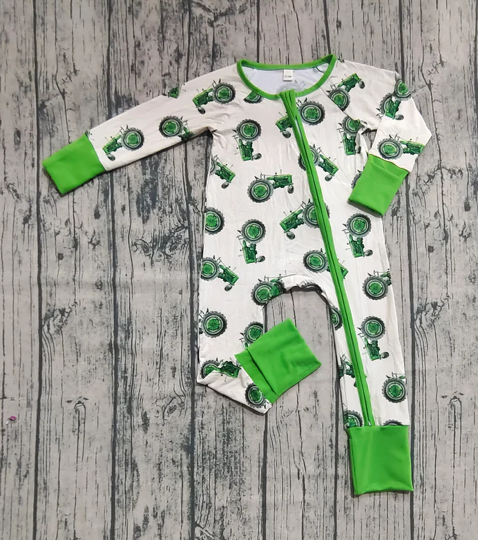 9.4 Preorder (moq 20)Baby Boys Bamboo Long Sleeves Green Trucks Plaid Farm Zipper Rompers