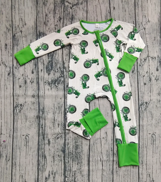 9.4 Preorder (moq 20)Baby Boys Bamboo Long Sleeves Green Trucks Plaid Farm Zipper Rompers
