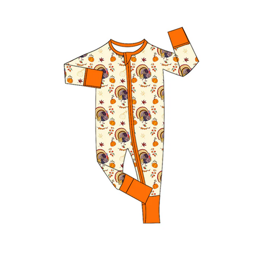 9.4 Preorder moq 5 Baby Infant Boys Long Sleeves Turkey Pumpkins Plaid Zipper Romper