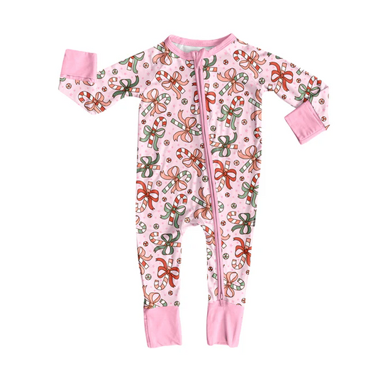 9.4 Preorder (moq 5)Baby Girls Pink Long Sleeves Bows Candy Cane Plaid Zipper Romper
