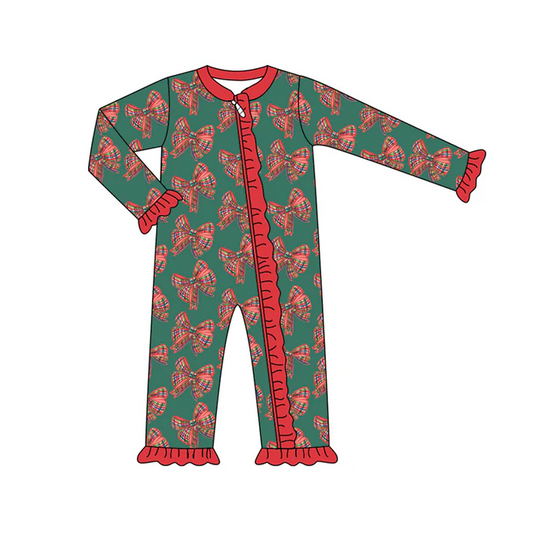 9.4 Preorder (moq 5)Baby Girls Green Long Sleeves Red Plaid Bows Ruffle Zipper Romper