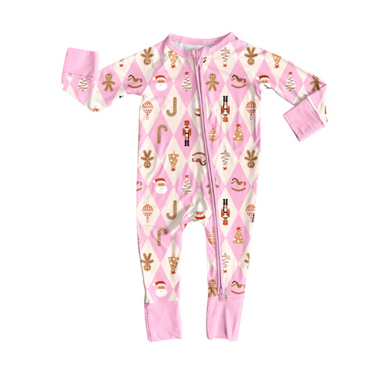 9.4 Preorder (moq 5)Baby Girls Long Sleeves Pink Santa Gingerbread Soldiers Plaid Zipper Romper