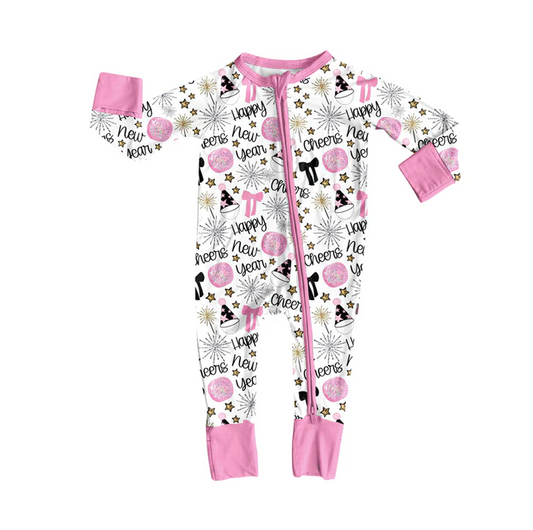 9.4 Preorder (moq 5)Baby Girls Pink Long Sleeves Happy New Year Stars Zipper Romper