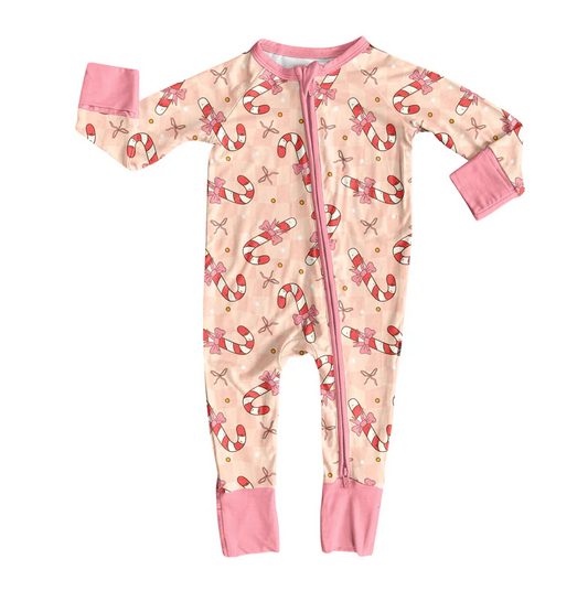 9.4 Preorder (moq 5)Baby Girls Pink Long Sleeves Bows Candy Cane Plaid Zipper Romper