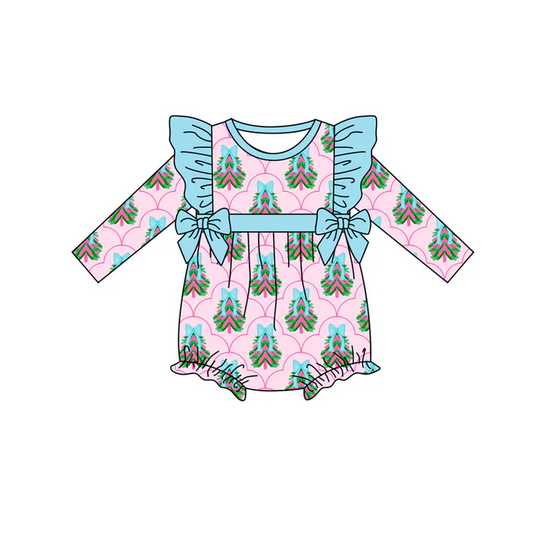 9.4Preorder (moq 5)Baby Girls Pink Long Sleeves Bows Trees Bows Plaid Ruffle Romper