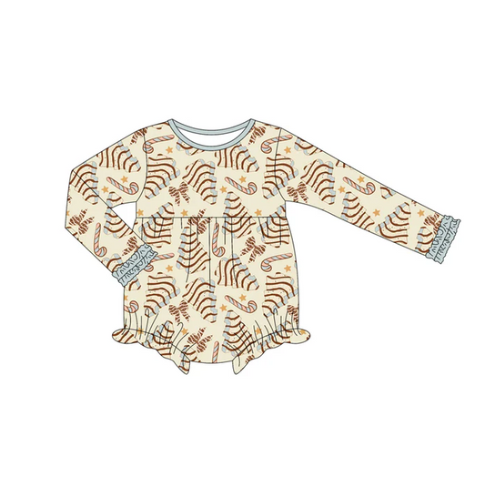 9.4 Preorder (moq 5)Baby Girls Long Sleeves Yellow Trees Bows Candy Cane Ruffle Romper