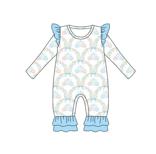 9.4 Preorder (moq 5)Baby Girls Long Sleeves Blue Bows Pumpkins Plaid Ruffle Pant Romper