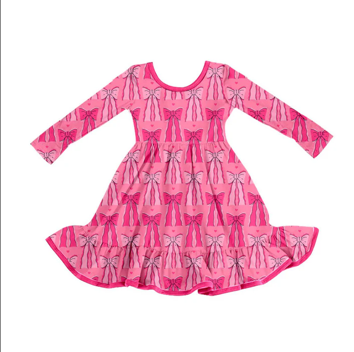 9.5 Preorder (moq 5)Baby Girls Hot Pink Bows Valentine Ruffle Knee Length Dresses