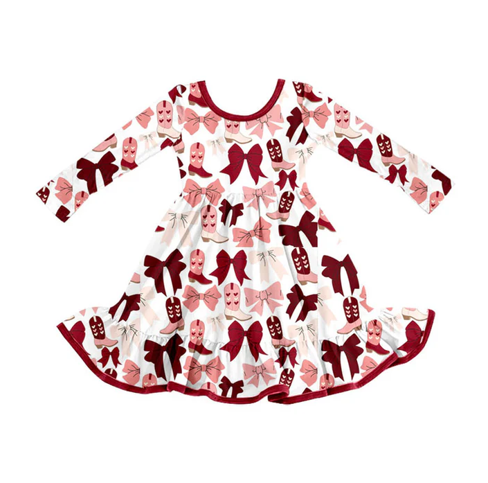 9.5 Preorder (moq 5)Baby Girls Red Pink Bows Boots Valentine Ruffle Knee Length Dresses