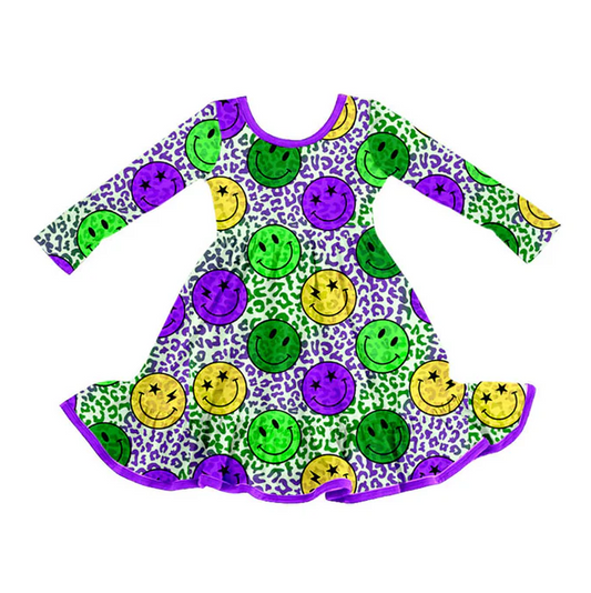 9.5 Preorder (moq 5)Baby Girls Mardi Gras Purple Yellow Green Smiles Leopard Ruffle Knee Length Dress