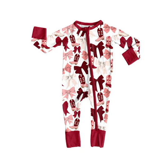 9.5 Preorder (moq 5)Baby Girls Red Pink Bows Boots Valentine Zipper Footie Rompers