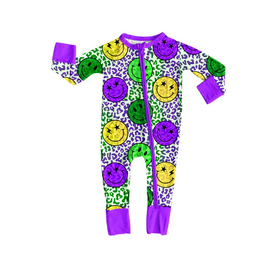 9.5 Preorder (moq 5)Baby Boys Mardi Gras Purple Yellow Green Leopard Zipper Footie Rompers
