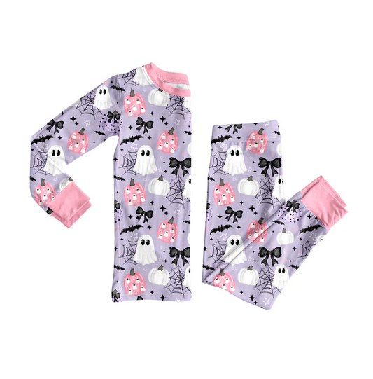 9.5 Preorder moq 5 Baby Girls Ghost Pumpkins Bats Halloween Pajamas Set