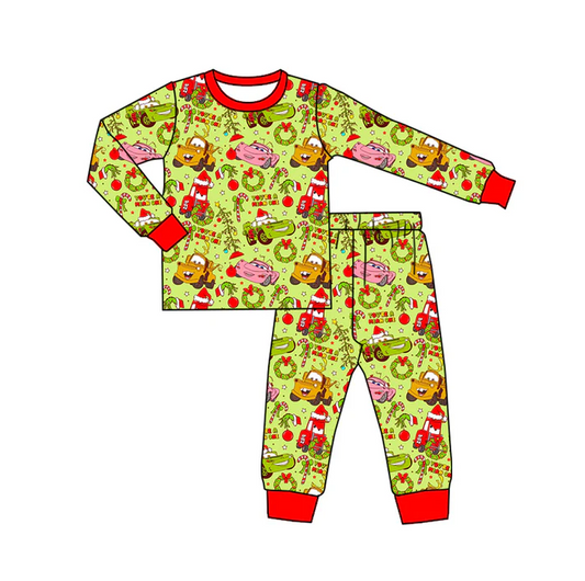 9.5 Baby Girls Christmas Cars Bamboo Top Pants Pajamas Clothes Sets Preorder(moq 5)