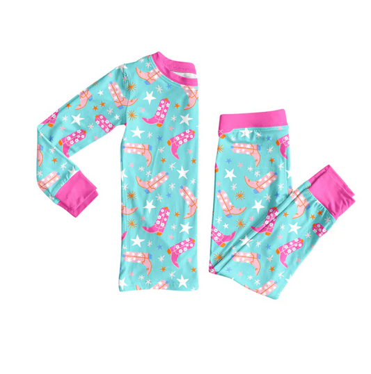 9.5 Preorder (moq 5)Baby Girls Flowers Boots Stars Top Pant Pajamas Set