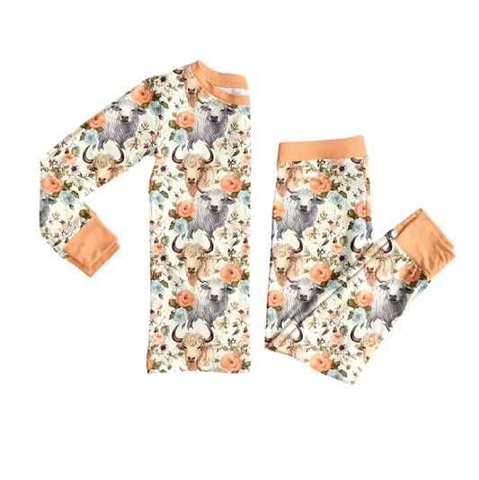 9.5 Preorder (moq 5)Baby Girls Highland Cows Floral Top Pant Pajamas Set