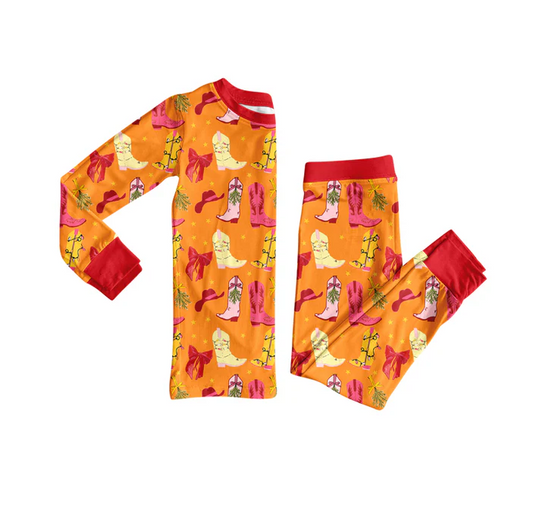 9.5 Preorder (moq 5)Baby Girls Bows Boots Plaid Top Pant Pajamas Set