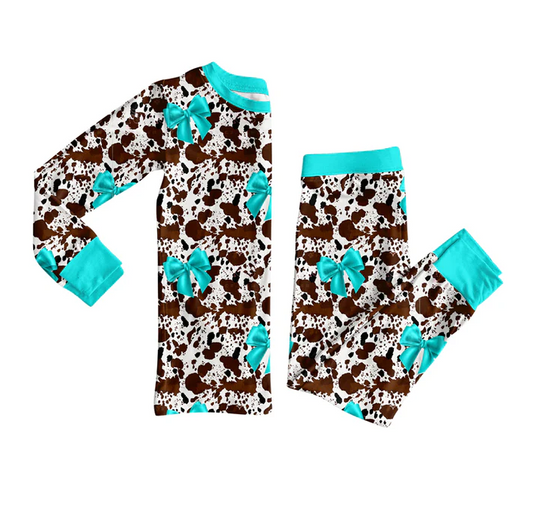 9.5 Preorder (moq 5)Baby Girls Cow Print Bows Top Pants Pajamas Set