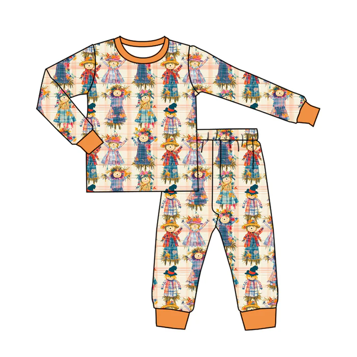 9.5 Preorder (moq 5)Baby Girls Orange Plaid Scarecrows Top Pant Pajamas Set