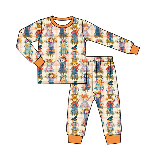9.5 Preorder (moq 5)Baby Girls Orange Plaid Scarecrows Top Pant Pajamas Set
