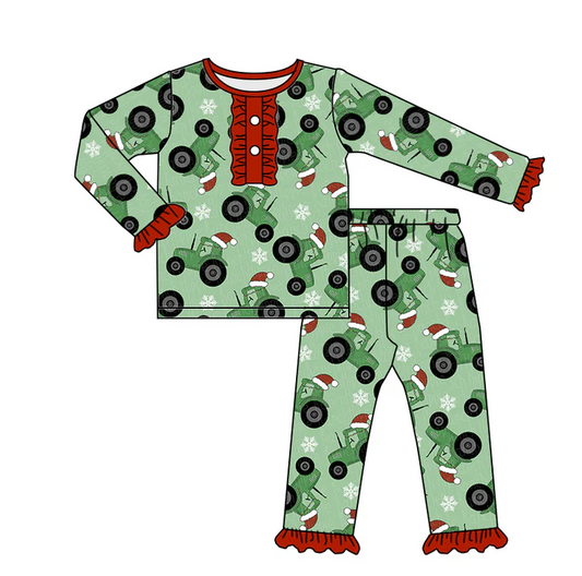 9.6 Baby Girls Green Tractor Pajamas Clothes Sets preorder(moq 5)