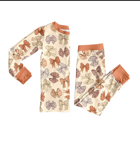 9.6 Preorder (moq 5)Baby Girls Long Sleeves Colorful Bows Plaid Top Pant Pajamas Set