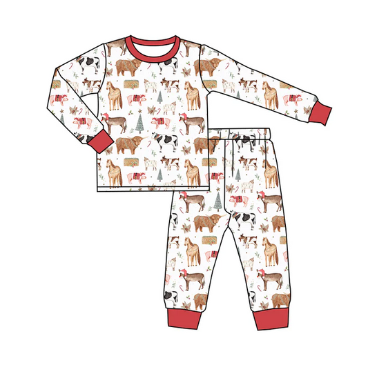 9.6 Baby Boys Christmas Farm Horse Tee Pants Pajamas Clothes Sets Preorder(moq 5)