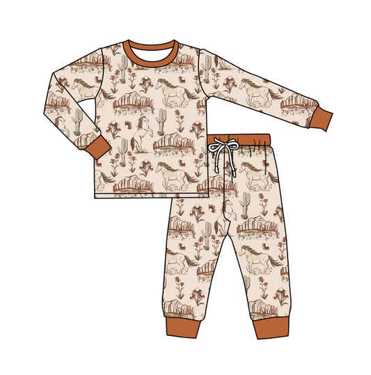 9.6 Baby Boys Horse Wild Cactus Top Pants Pajamas Clothes Sets Preorder(moq 5)