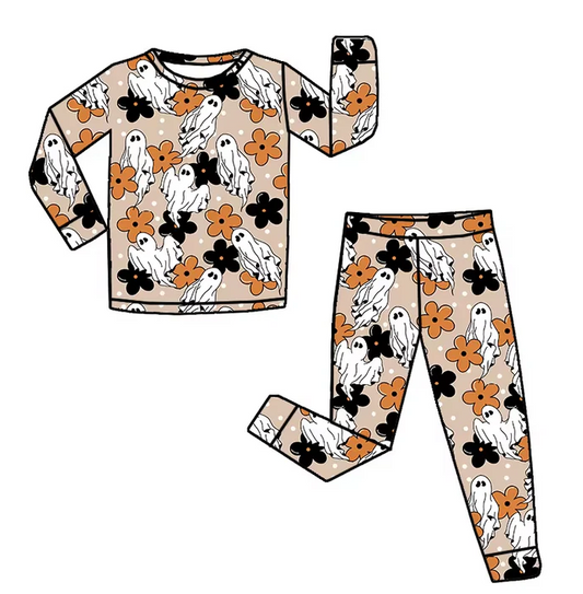 9.6 Baby Girls Bamboo Flowers Ghost Shirt Pants Pajamas Clothes Sets Preorder(moq 5)