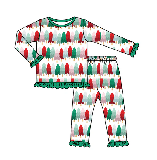 9.6 Preorder (moq 5)Baby Girls Colorful Christmas Trees Top Ruffle Pants Pajamas Set