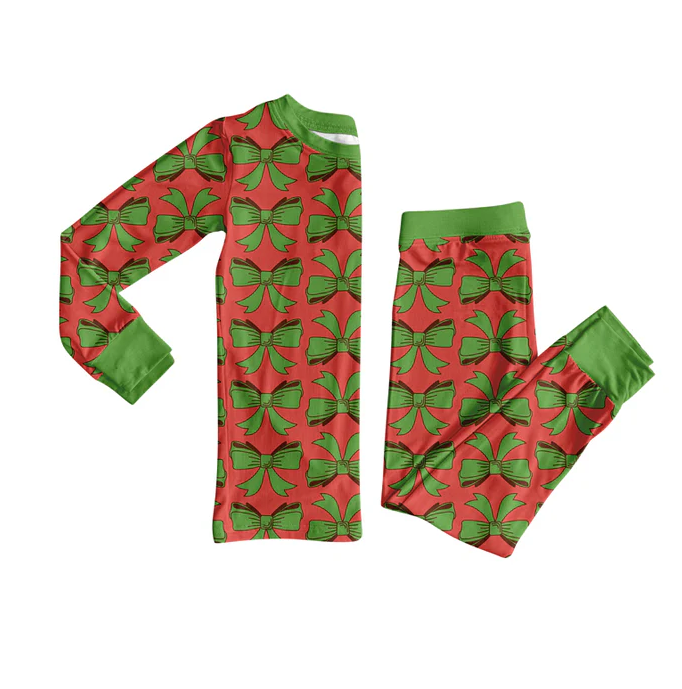 9.6 Preorder (moq 5)Baby Girls Green Bows Plaid Top Pant Christmas Pajamas Set