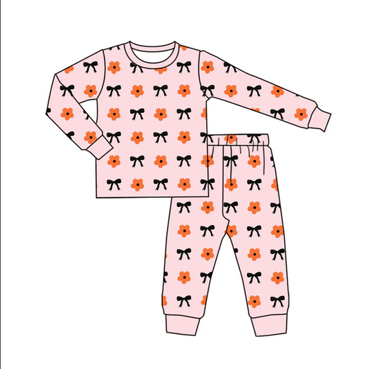 9.6 Preorder (moq 5)Baby Girls Pink Flowers Bows Plaid Top Pant Pajamas Set