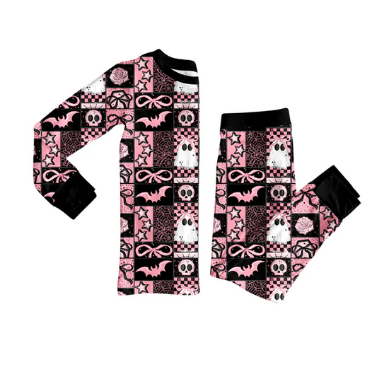 9.6 Preorder (moq 5)Baby Girls Ghost Bows Plaid Top Pant Halloween Pajamas Set