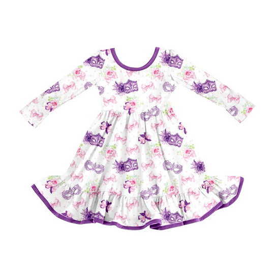 9.8 Preorder (moq 5)Baby Girls Mardi Gras Flowers Masks Bows Ruffle Knee Length Dresses