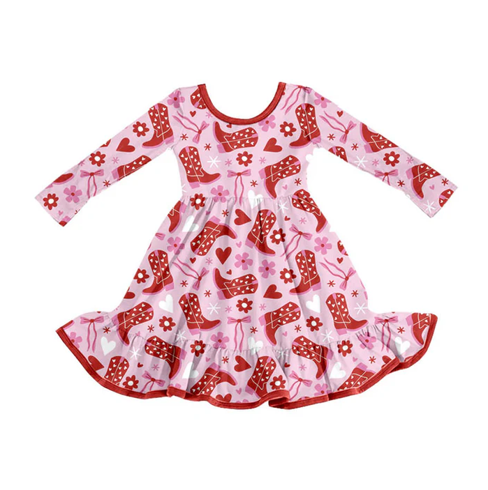 9.8 Preorder (moq 5)Baby Girls Boots Bows Flowers Valentine Ruffle Knee Length Dresses